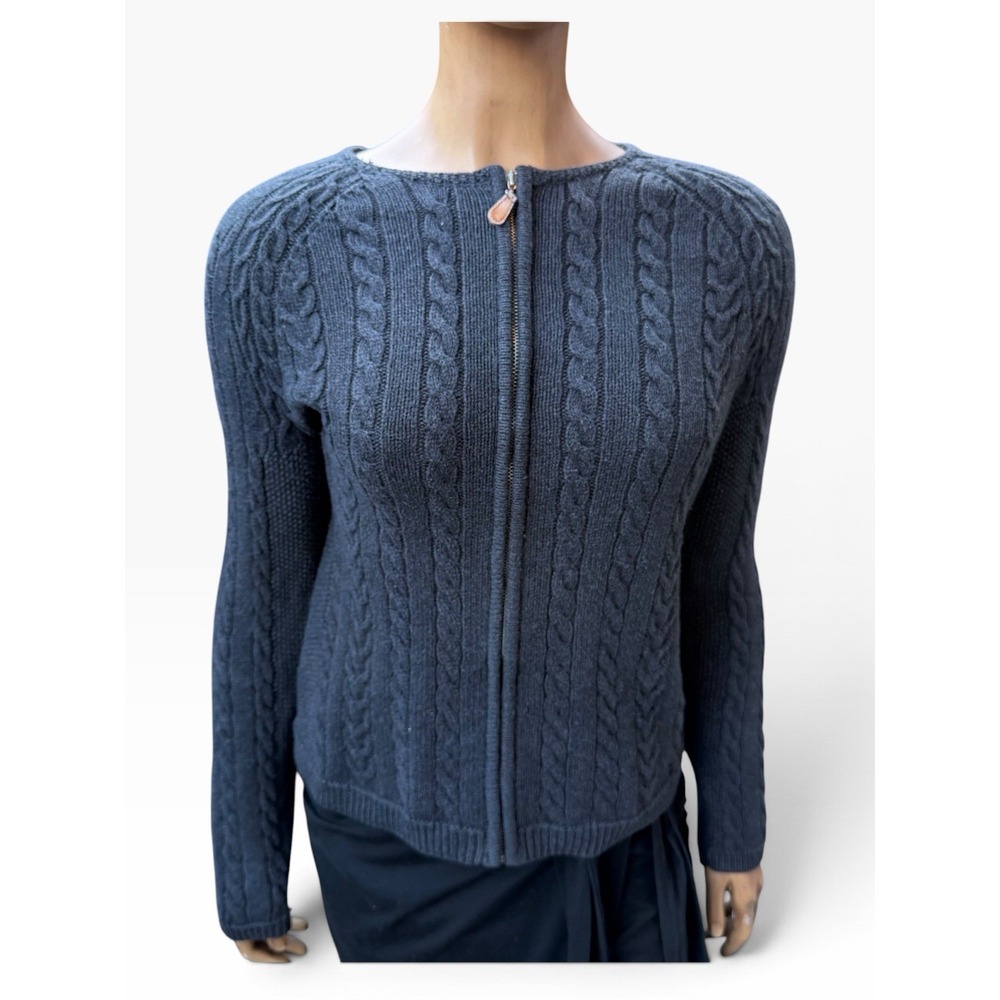 Vintage Tabi Cable knit 100% Cotton Full Zip Sweater Boat Neck Fitted Cozy M